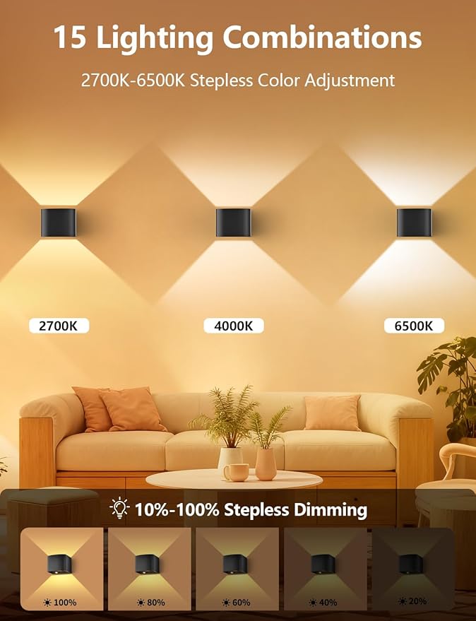 Rechargeable Motion Sensor Wall Lights, LED Wireless Sconces with Remote Control, 10-100% Dimmable 2700-6500K, Adjustable Beam Angle, 3 Modes, Black 5000mAh for Bedroom, Hallway, Stairs, 4-Pack