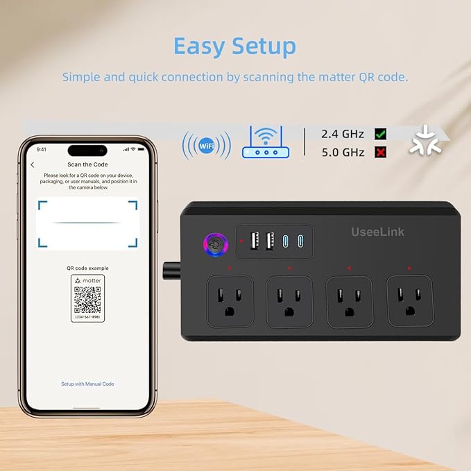 Matter Smart Power Sstrip, Compatible with Apple Home, Alexa, and Google Assistant, Supports Voice Control and Remote Access, Suitable for Home or Office,Black