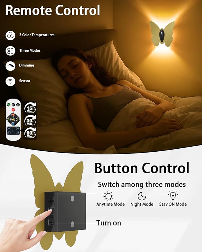 Magnetic Motion Sensor Wall Light: 5000mAh Rechargeable Battery Powered Wall Sconce Set of 2 with Remote, 3 Colors Wireless Wall Lamp LED Up and Down Wall Sconce for Hallway Stairway Bedroom, Gold