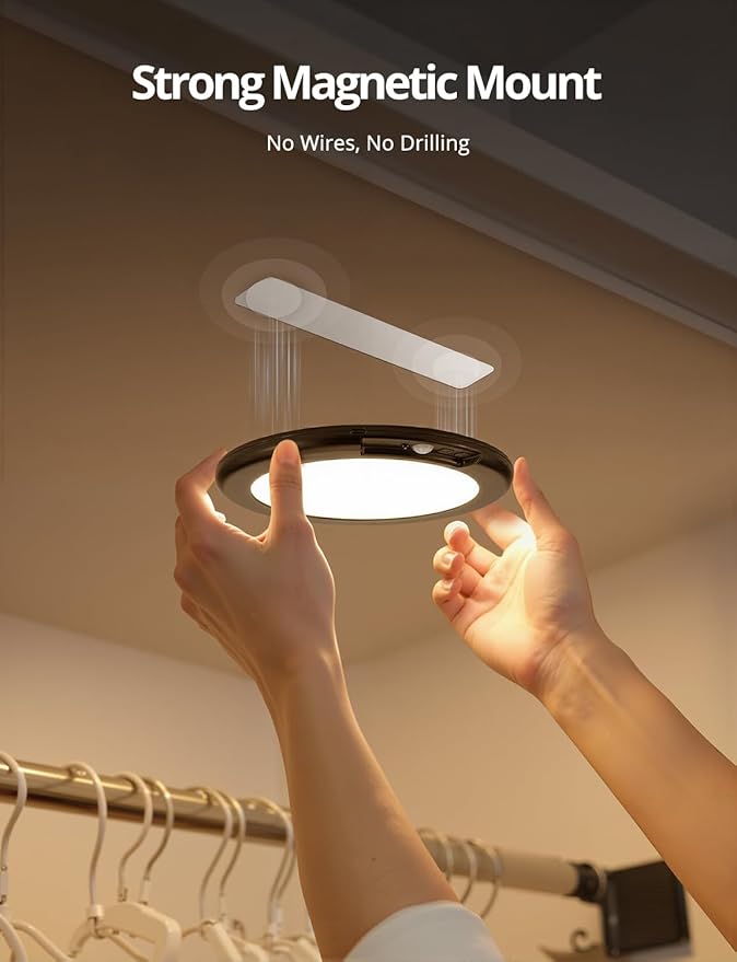 Combuh Black Operated Battery Powered Motion Sensor Ceiling Lights Wireless, Rechargeable 85 Day Battery Life Waterproof Inside Shower Lighting with Remote Magnetic Without Wiring for Garage Closet