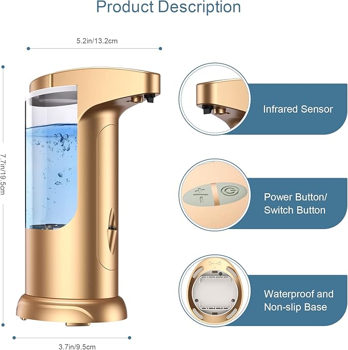 370ml Touch-Free Battery Operated Electric Automatic Liquid Soap Dispenser - Adjustable Soap Dispensing Volume - Premium Soap Dispenser for Kitchen Bathroom Toilet (Golden)