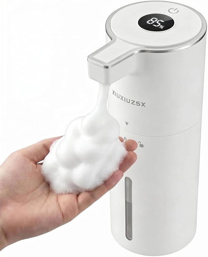 Automatic Foaming Soap Dispenser Touchless Upgrade Pump Uneasy Plugging Wall Mounted USB Rechargeable, 4-Level Adjustable 13.52oz Modern Electric Hand Soap Dispenser Kitchen Bathroom Kids Family White