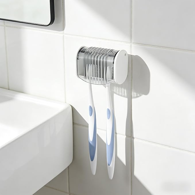 1 Pack Toothbrush Holder Wall Mounted with Cover for Bathroom, 2 Slots Toothbrush Storage Organizer for Shower, Self Adhesive Toothbrush Hanger (Grey)