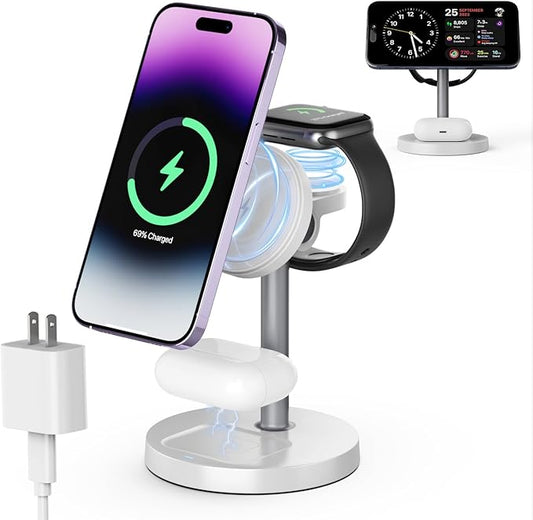 3 in 1 Wireless Charging Station Compatible with MagSafe, 15W Fast Charging Magnetic Mag-Safe Charger Stand for Apple iPhone 17 16 15 14 13 12Series Apple Watch AirPods Pro 4 3 2, Gifts for Men Dad
