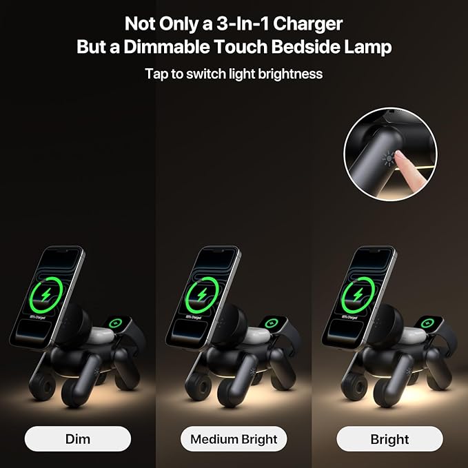 UEQ 3 in 1 Wireless Charging Station for Apple Devices,Foldable Cute Magnetic Mag-Safe Wireless Charger Stand with Night Light for iPhone 17 Air 16 15 14 13 12 Series,AirPods 4 3 2 Pro,Apple Watch