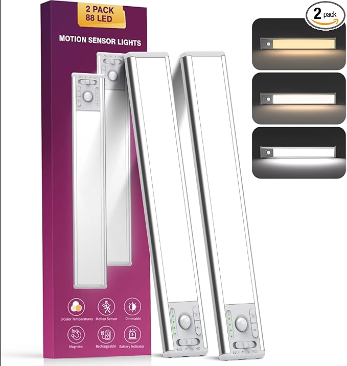 OTWKAY 10.5inch Under Cabinet Lighting, Rechargeable Closet Light with 3 Color Temps, 2 Pack Dimmable Motion Sensor Lights Indoor, Under Counter Lights for Kitchen, Hallway