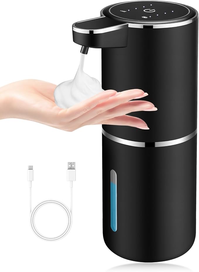 Automatic Foaming Soap Dispenser,Touchless Soap Dispenser with 4 Adjustable Foam Levels,Wall Mounted and USB Rechargeable,12.8oz Large Capacity for Bathroom,Kitchen Sink,Dish Soap(Black)