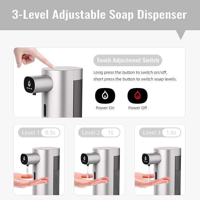 Automatic Liquid Soap Dispenser Touchless, USB Rechargeable Smart Hand Soap Dispenser, 13.5oz/400ml, 3-Level Adjustable, Compatible with Thick Thin Dish Soap for Bathroom Kitchen, Clog-Free (Silver)