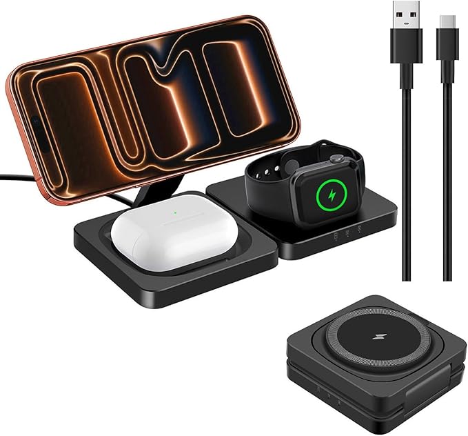 3 in 1 Wireless Charger Charging Stand Station Foldable for Mag-Safe Charging, 15W Fast Charge iPhone 17 Pro Max/17 Air/16/15/14 Plus/13/12 Mini,Air Pods,Apple Watch Series