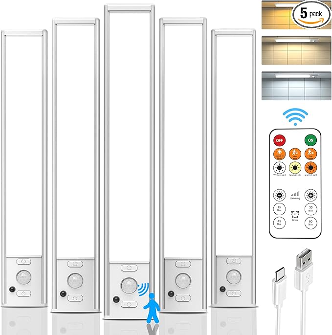 9inch Under Cabinet Lighting Wireless, Rechargeable Motion Sensor Indoor Light, 3 Color Temps & Dimmable Closet Lights with Remote, Magnetic Under Counter Light for Kitchen, Stairs, Wardrobe, 5 Pack
