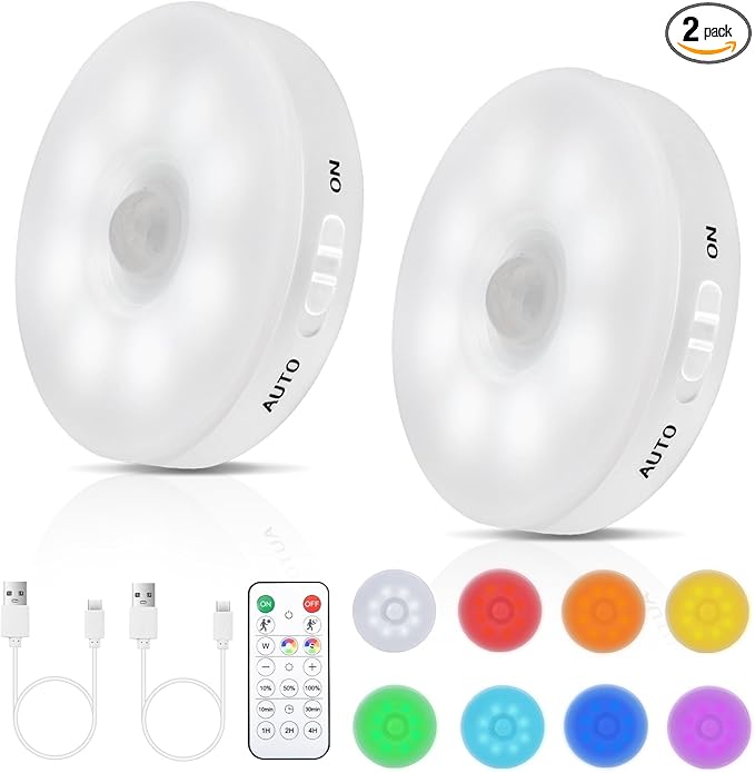 RGB LED Rechargeable Motion Sensor Light Indoor with Remote, Long-Lasting Battery, Bright & Dimmable, Stick-On Puck Night Light for Closet, Cabinet, Kitchen, Stairs, Shelves - Cool & RGB 2Pack