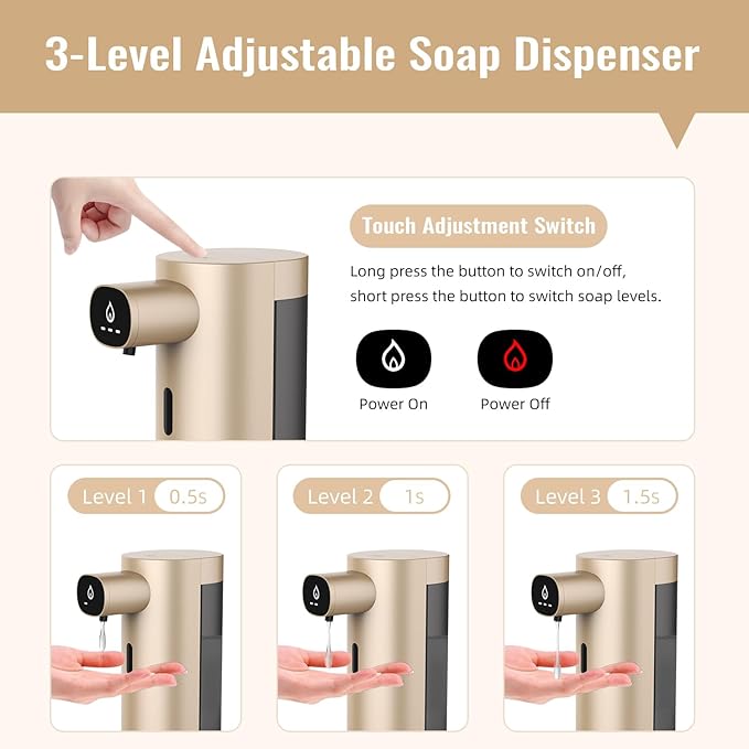 Automatic Liquid Soap Dispenser Touchless, USB Rechargeable Smart Hand Soap Dispenser, 13.5oz/400ml, 3-Level Adjustable, Compatible with Thick Thin Dish Soap for Bathroom Kitchen, Clog-Free (Gold)