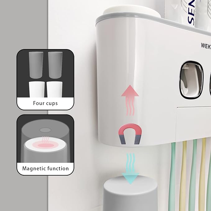 Toothbrush Holder WREWING Multi-Function Wall-Mounted Automatic Toothpaste Dispenser and Dust-Proof Toothbrush Holder with 5 Brush Slots 4 Cups 2 Automatic Toothpaste Dispensers 1 Storage Slot (Grey)