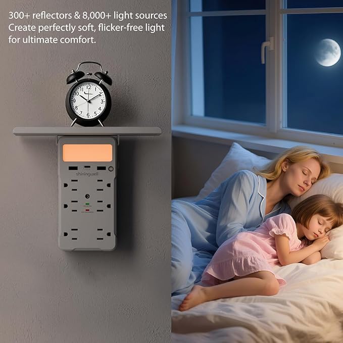 Wall Outlet Extender with Shelf and Night Light, Surge Protector with 3 USB Ports (2A+1C) and 6 AC Outlets, Multi Plug Power Strip Electric Outlet Splitter for Home and Office Use, White