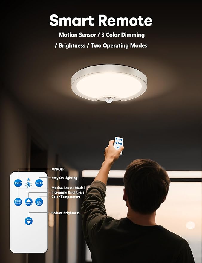 Fizrice Motion Sensor Flush Mount Ceiling Light 2 Pack, 8000mAh 500LM Battery Operated Wireless LED Fixture with Remote Control & Stepless Dimming for Closet Shower Stairs Shed Hallway