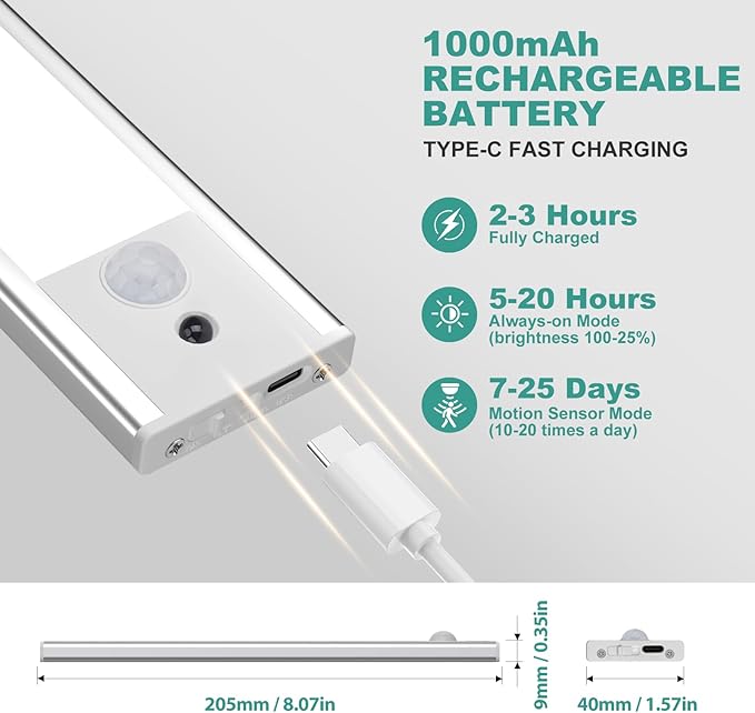 Under Cabinet Lights Motion Sensor 3 Color Temperatures LED Closet Light, USB-C Rechargeable Under Counter Lights Night Light for Kitchen, Wardrobe (Silver - 3 Color Remote, 8.07 Inch - 3 Pack)