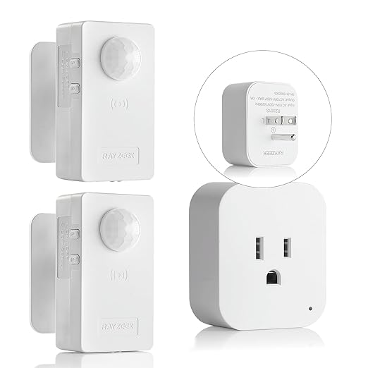 RAYZEEK Wireless Motion Sensor Control Outlet with Light Sensor,No WiFi/No APP, 2 PIR Sensor Switch Control 1 Plug for Christmas Tree Lights,Fans,Household Appliances,10A/1100W