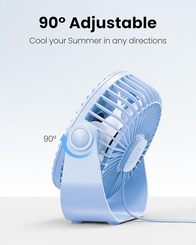 Gaiatop USB Desk Fan, 3 Speeds Strong Airflow, 5.5 Inch Portable 90° Rotate Quiet Cooling, Small Personal Table Fans for Bedroom Home Office Travel Blue