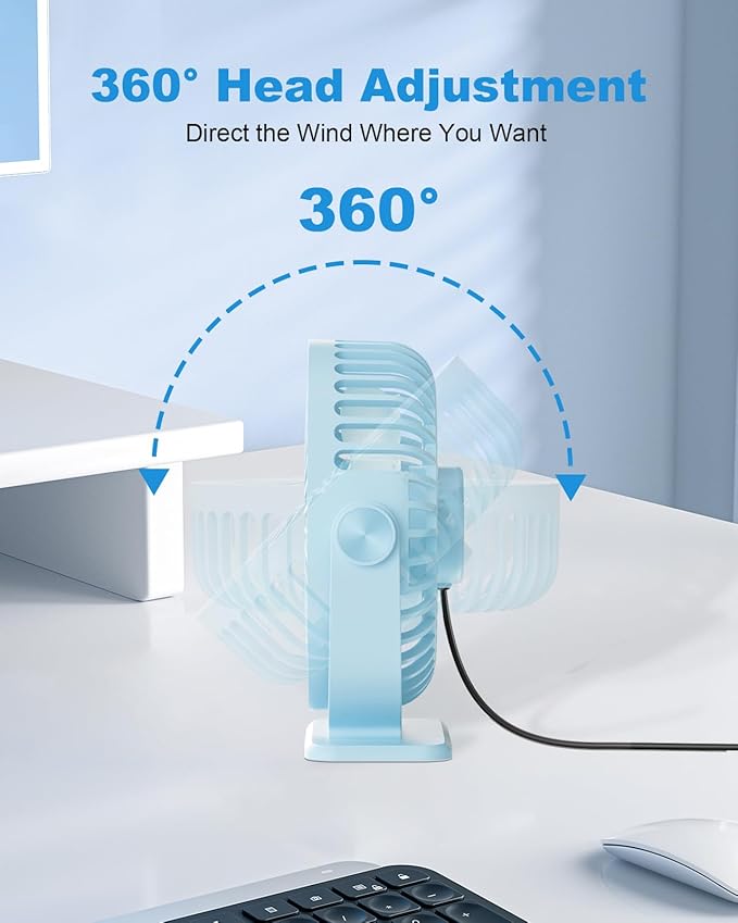 TriPole Small Desk Fan USB Powered Mini Portable Fan, 3 Speeds Strong Breeze Electric Fans, 360° Rotation Quiet Plug In Personal USB Cooling Fans for Desktop Bedroom Office Table Travel Cruise, Blue
