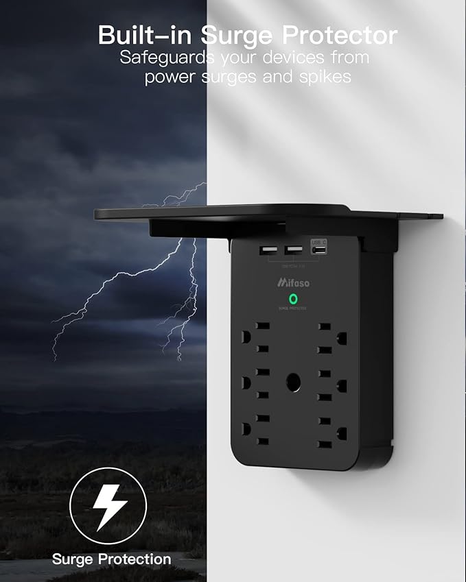 Wall Outlet Extender with Shelf, Surge Protector 6 AC Multi Plug Outlet, 3 USB Charger Station Splitter Expander for Home Bathroom, Black