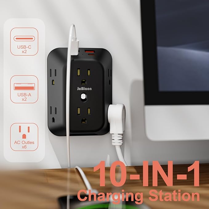 USB Wall Charger Electrical Outlet Extender, Surge Protector, 6 Outlet Splitter with 4 USB Outlet (2USB A, 2USB C) 4-Sided 1050J Power Strip Multi Plug Adapter for Home Office Travel