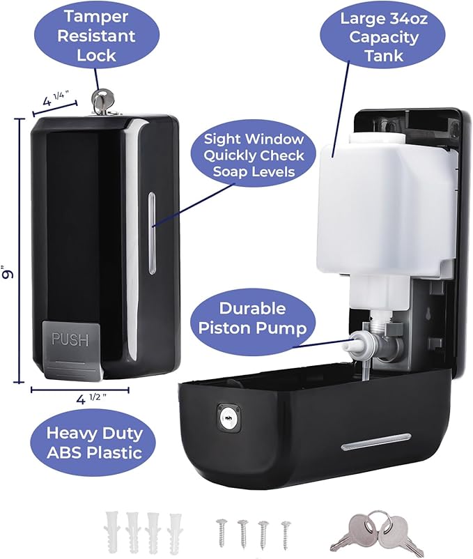 Wall Mounted Soap Dispenser with Large 34 oz. Capacity (2-Pack) - Black Commercial Hand Soap Dispensers or Hand Sanitizer Wall Mount Units That Hold 25 pct More Than Other Brands - ADA Compliant