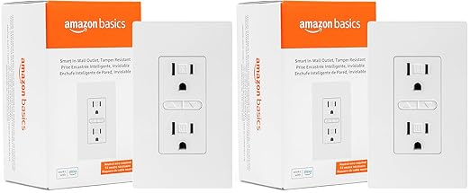 Amazon Basics Smart in-Wall Outlet, Compatible with Alexa Only, Individually Controlled Outlets, Voice Control, WiFi, 15 Amps, 2.4 GHz, No Hub Required, White (Pack of 2)