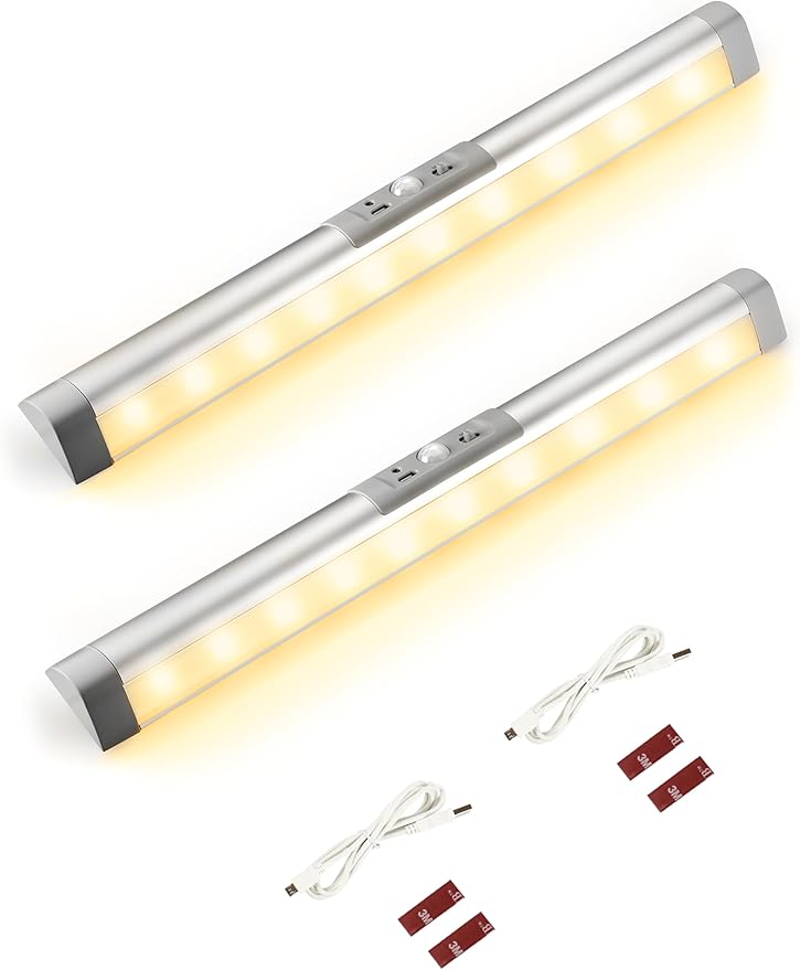 Joyzy Automatic Motion Sensor Closet Lighting with Eye-Protection Design, LED Closet Lights for Stair Step Wireless Light, Rechargeable Wardrobe Pantry Lights (2pack with Warm Lighting)