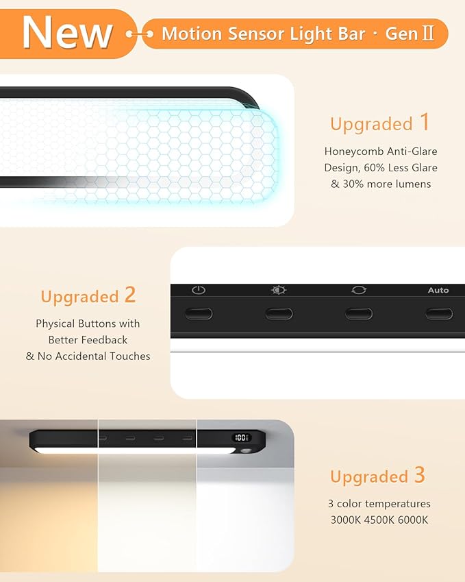 WILLED Under Cabinet & Closet Lights with Remote, Motion Sensor, Rechargeable, Magnetic, 3 Color Temps, Dimmable LED Light Bar for Indoor Kitchen Counter (4 Pack, Black)