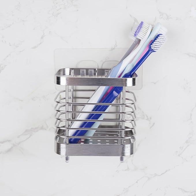 Wall Mount Toothbrush Holder for Bathroom, Stainless Steel Rustproof Toothbrush and Toothpaste Holder Organizer, Electric Toothbrush Holder Self Adhesive Wallmount/Countertop Organizer(Silver Small)