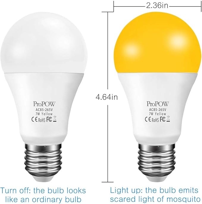 Yellow Bug Light Bulbs, Dusk to Dawn, 7W LED, 40W Equivalent, A19, Smart Auto on/Off, 580 Lumens, Porch Lights (Non-Dimmable, Amber Yellow, E26)