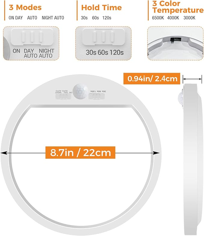 slochi Motion Sensor Light Indoor Wired, 8.7 Inch 3000K/4000K/6500K Closet Lights Motion Sensored, 18W 1800LM Flush Mount Ceiling Light for Hallway Pantry Stairwell Porch, White