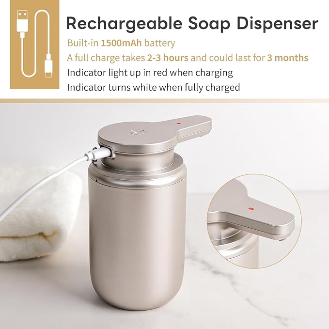 LAOPAO Automatic Soap Dispenser, Foaming Hand Soap Dispenser for Bathroom Kitchen ABS Rechargeable Touchless Hand Soap Pump 10oz, Xmas Gift, Light Silver Plastic