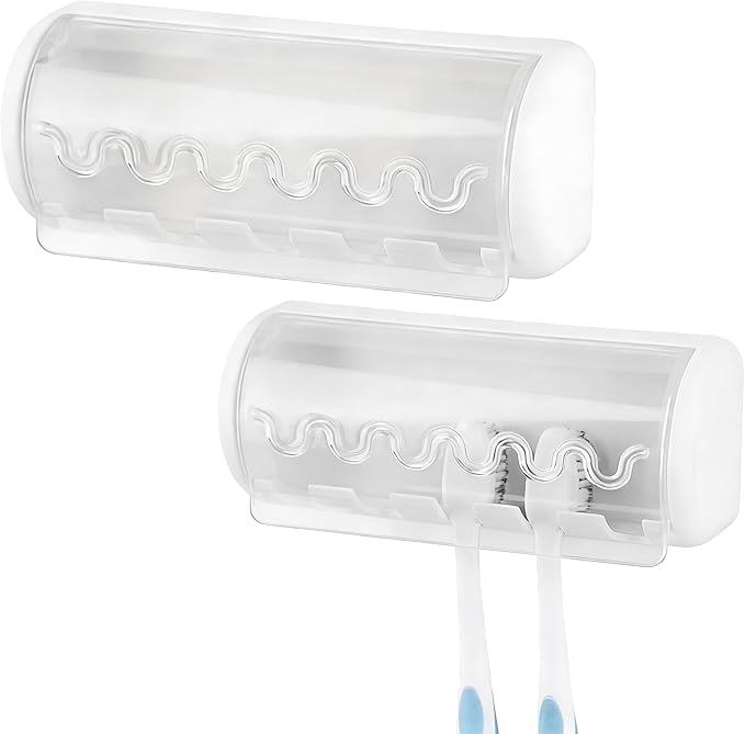 2 PCS Self Adhesive Toothbrush Holder with Cover for Bathroom, 5-Slot Wall Mounted Toothbrush Organizer Rack for Shower, Dorm, Cabinet (White)