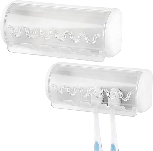 2 PCS Self Adhesive Toothbrush Holder with Cover for Bathroom, 5-Slot Wall Mounted Toothbrush Organizer Rack for Shower, Dorm, Cabinet (White)