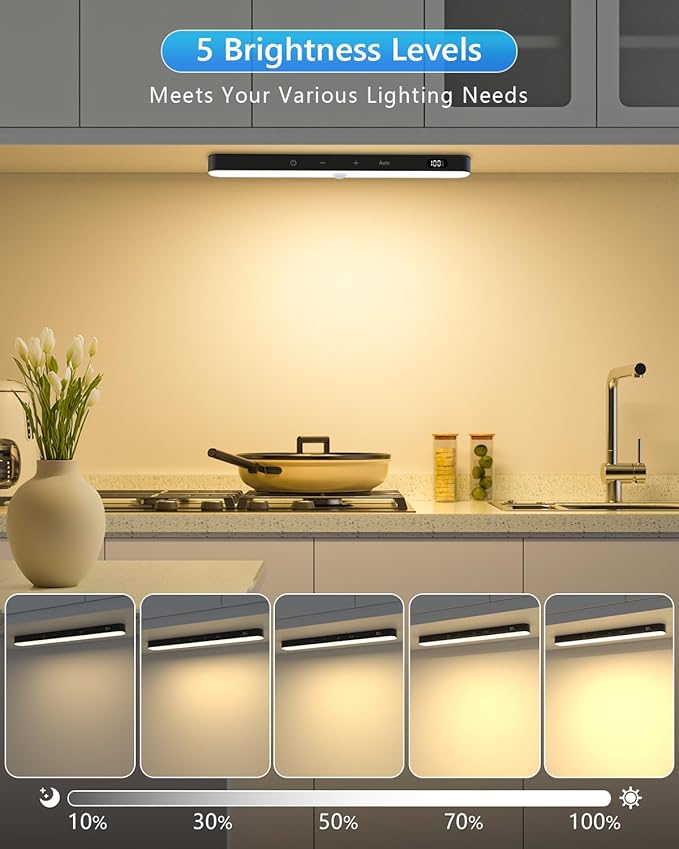 Ferswe Motion Sensor Light Indoor Rechargeable, Battery Level Display, 60 LED Motion Sensor Closet Lights, Dimmable Touch Control, Under Cabinet Lights for Kitchen, Closet, Cupboard(2 Pack)