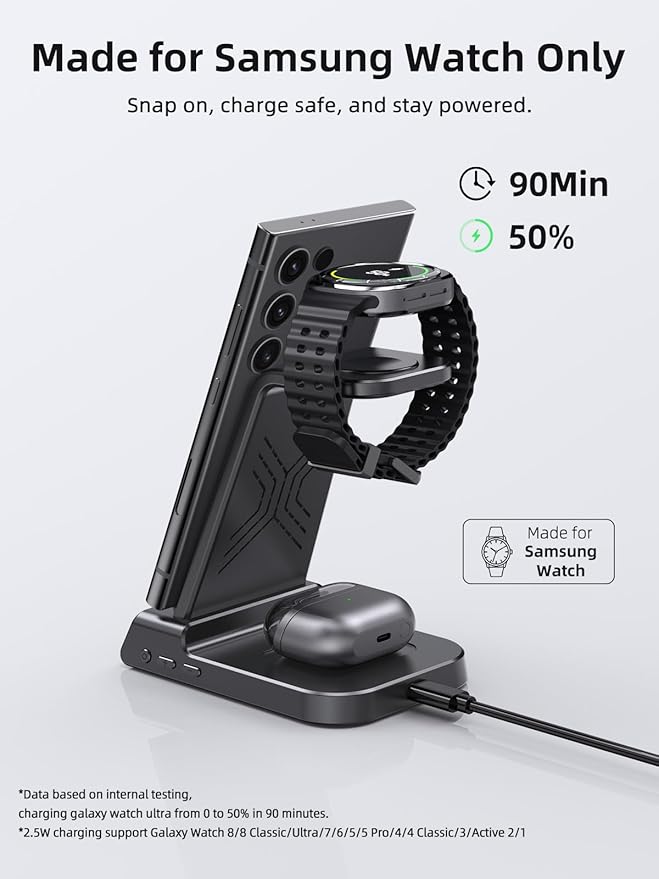 Wireless Charger for Samsung Charging Station: 3 in 1 Android Charging Stand with Dimmable Clock - Nightstand Organizer for Galaxy S25 Ultra, Galaxy Watch 8 7 6 5 4, Galaxy Buds (Not for iWatch)