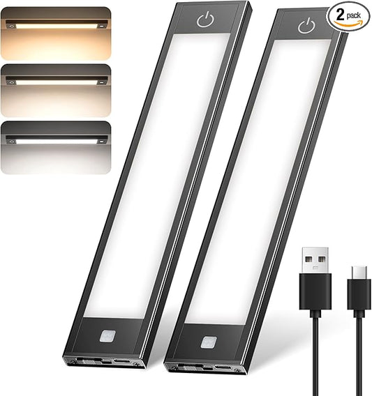 VST Under Cabinet Lighting Wireless 2 Pack, Rechargeable 1800mAh Motion Sensor LED Closet Light, 3 Color Temperature Dimmable, Magnetic Step Night Light for Kitchen Stairs Wardrobe