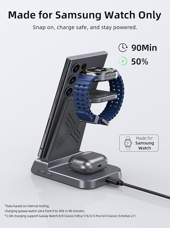 Wireless Charger for Samsung Charging Station: 3 in 1 Android Charging Stand with Dimmable Clock - Nightstand Organizer for Galaxy S25 Ultra, Galaxy Watch 8 7 6 5 4, Galaxy Buds (Not for iWatch)