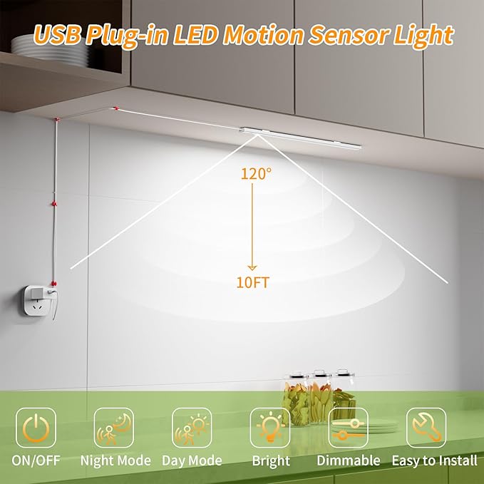 14" Slim USB Plug-in LED Motion Sensor Light Indoor, Bright & Dimmable Under Cabinet Light - 3 Modes (ON/Night/Day) for Kitchen, Cabinet, Closet - 6000K Cool White, 2 Pack (Standalone)