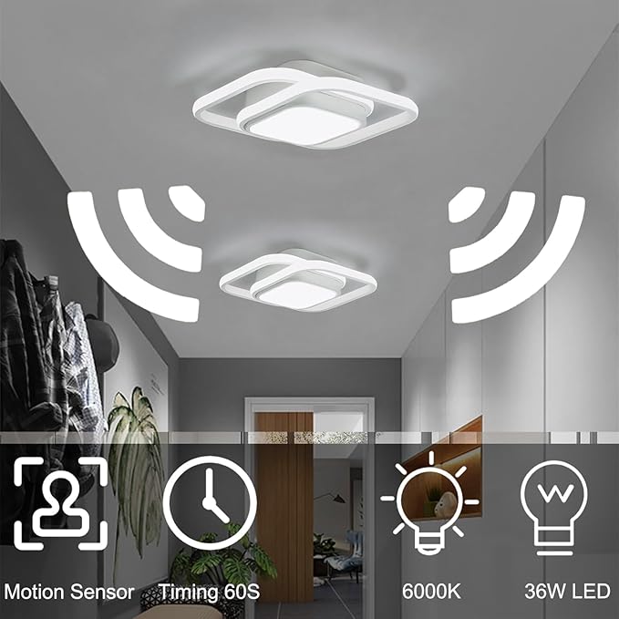 12.6Inch Motion Sensor LED Ceiling Light Indoor, 36W 6000K Mount Motion Activated Light Fixture Modern Flush Mount White Ceiling lamp for Laundry Bathroom Hallway Stair Porch Basement (2pack)