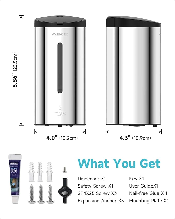 AIKE Automatic Wall Mount Liquid Soap Dispenser, Commercial Stainless Steel with 25oz Large Capacity Save Time Effort and Cost,Model AK1205 (Polished)