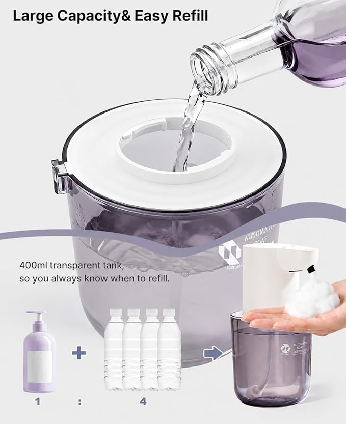 Automatic Foaming Soap Dispenser, 4-Level Touchless Hand Soap Dispenser, USB-C Rechargeable, Wall Mount or Countertop, 13.5oz/400ml, for Bathroom, Kitchen, Office, Hotel, White