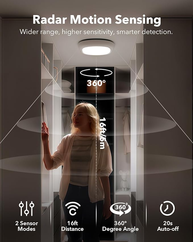 2 Pack Rechargeable Shower Light for Inside Shower, 12000mAh Motion Sensor Wireless Ceiling Light with Remote No Wiring, Battery Operated Closet Lights Cordless LED Overhead Lighting for Bathroom