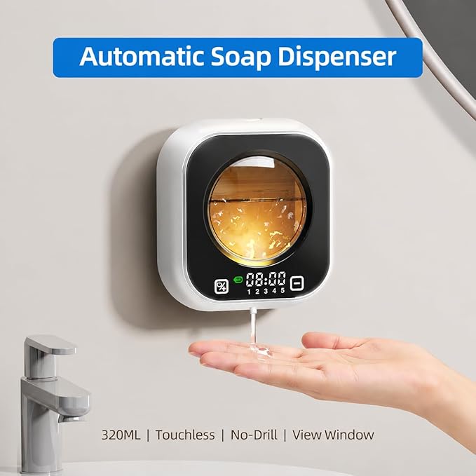 Automatic Liquid Soap Dispenser, Wall Mounted Soap Dispenser, 320ML Electric Touchless Rechargeable, Smart Display & 5‑Level Adjustable, No-Drill Waterproof for Bathroom, Kitchen (White)