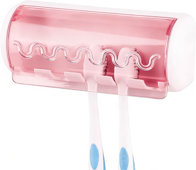 1 PCS Self Adhesive Toothbrush Holder with Cover for Bathroom, 5-Slot Wall Mounted Toothbrush Organizer Rack for Shower, Dorm, Cabinet (Pink)