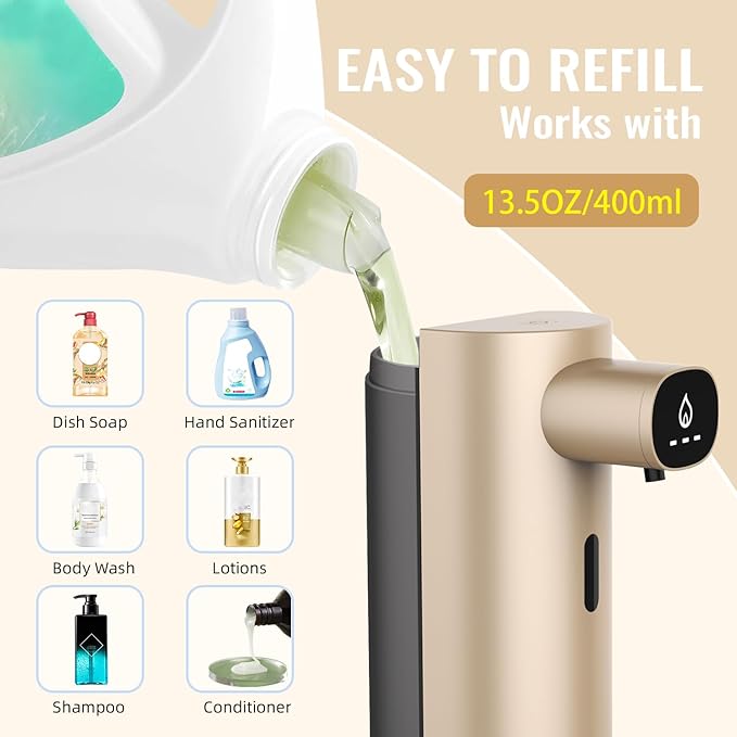 Automatic Liquid Soap Dispenser Touchless, USB Rechargeable Smart Hand Soap Dispenser, 13.5oz/400ml, 3-Level Adjustable, Compatible with Thick Thin Dish Soap for Bathroom Kitchen, Clog-Free (Gold)