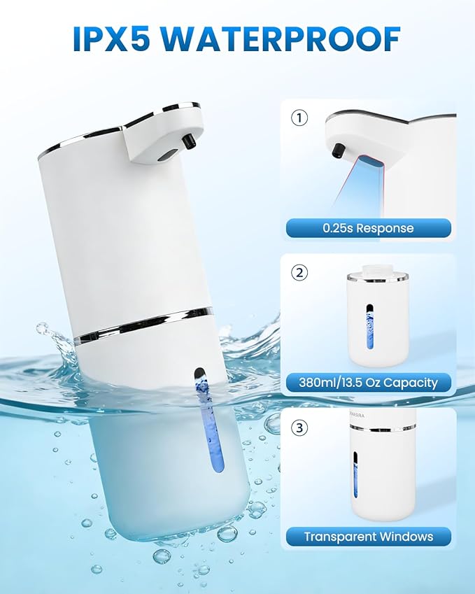 Automatic Foaming Soap Dispenser, Touchless, USB Rechargeable Foam Hand Soap Dispenser, 4 Adjustable Volume, Clog-Free for Bathroom Kitchen, Soap Waste Reduction, Easy for Toddlers, White