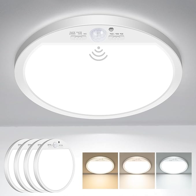 slochi 4Pack Motion Sensor Light Indoor Wired, 12 Inch 3000K/4000K/6500K Closet Lights Motion Sensored, 24W 2400LM Flush Mount Ceiling Light for Hallway Pantry Stairwell Porch, White