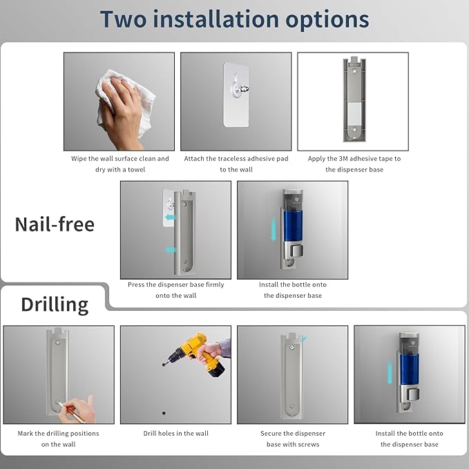 Manual Soap Dispenser Wall Mount, 6.76oz/200ml Liquid Soap Dispenser for Kitchen, No Drill Bathroom Shampoo and Conditioner Dispenser, Refillable Hand Sanitizer Dispenser for Home & Office (Sliver)